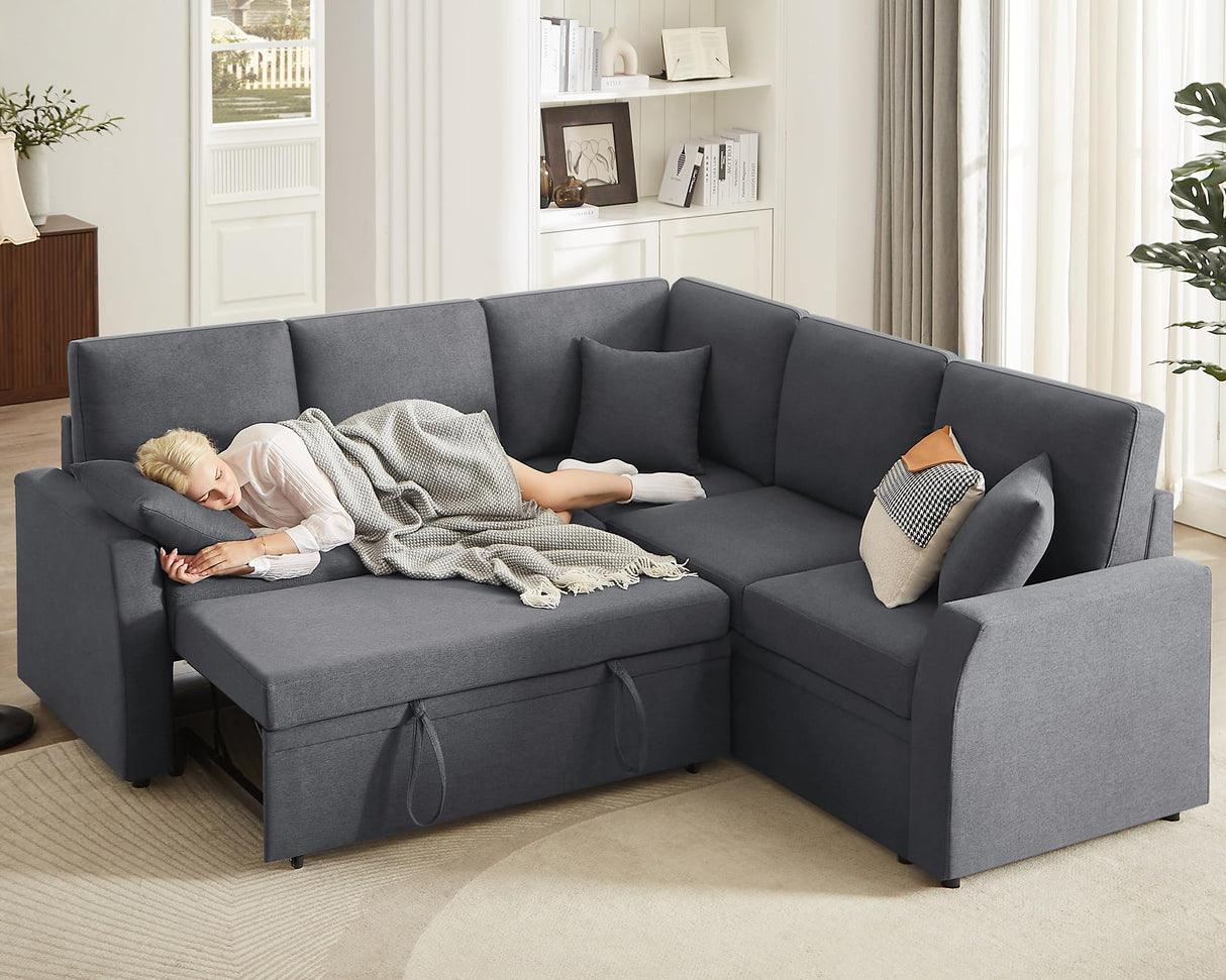 AMERLIFE Sofa Bed, 85 Inch Reversible L Shape Couch with Pull Out Bed & Storage Seat, Oversized Sectional Sleeper Bed for Living Room Apartment, Grey Linen Sleeper Sofa Couch AMERLIFE