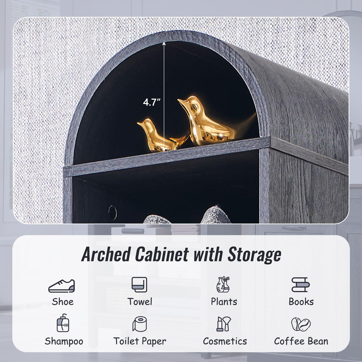 IFBUY 67" Tall Arched Bathroom Storage Cabinet, 8-Tier Modern Farmhouse Storage Cabinet with Adjustable Shelves, Wood Freestanding Cabinet for Bathroom, Living Room, Entryway, Hallway (Dark Grey) IFBUY