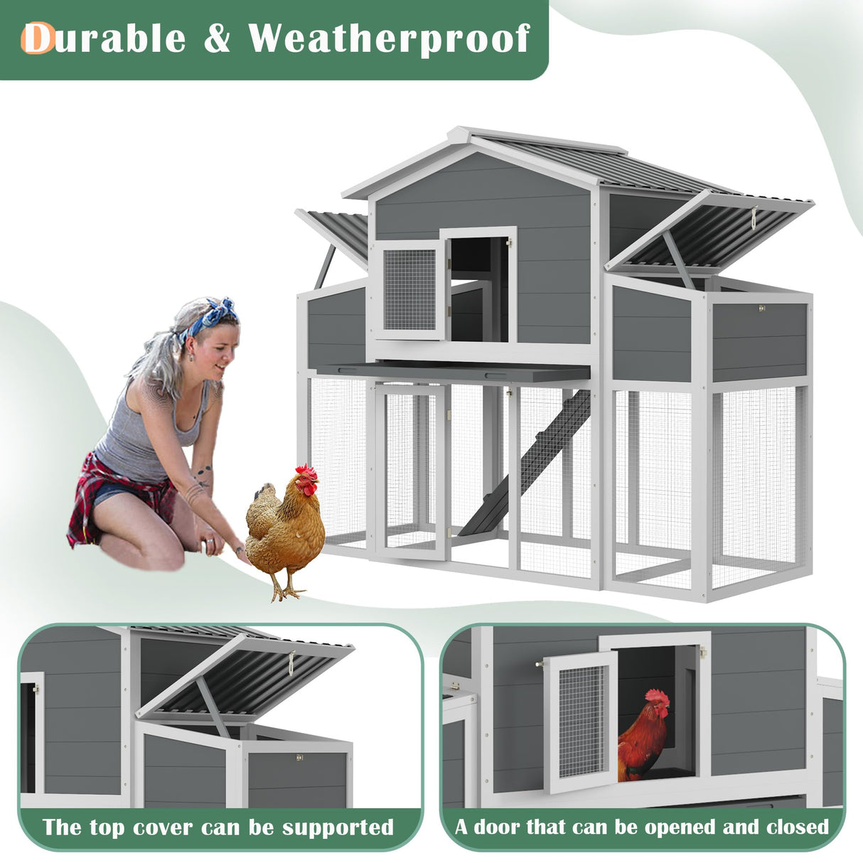 Wooden Chicken Coop for 2-6 Chickens, Outdoor Chicken House with Run & 2 Nest Boxes, Outside Hen House Poultry House Pet Hutch Chicken Cage with Waterproof Roof & Ramp, (66''LX32''WX53''H) Sunnibety