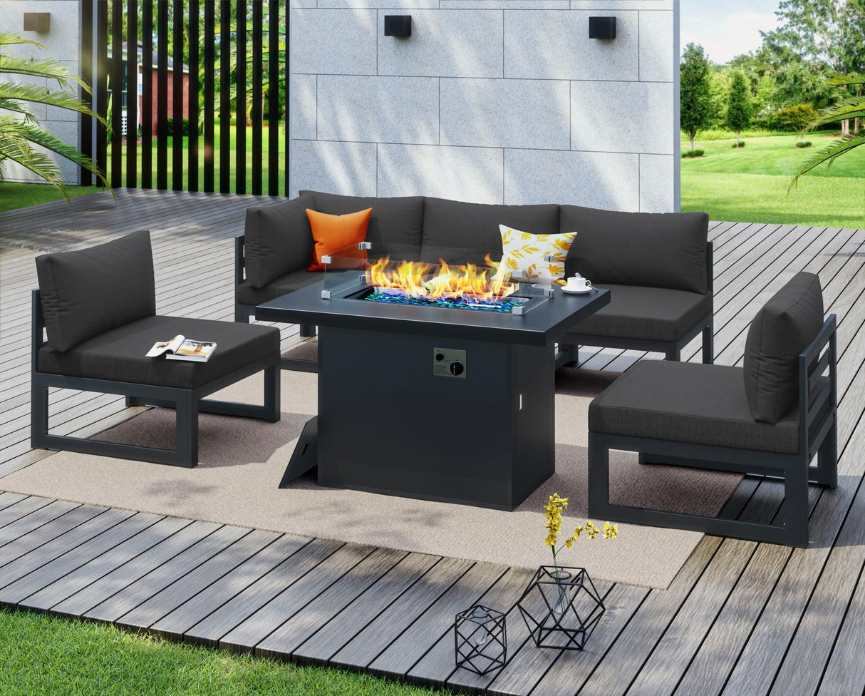 NICESOUL 5 Seat Oversized Modern Aluminum Patio Furniture Set, All Weather Rust Proof Modular Sectional Sofa with Fire Pit Table, 500 lbs Heavy Duty Comfortable Outdoor Couch for Backyard, Dark Gray NICESOUL