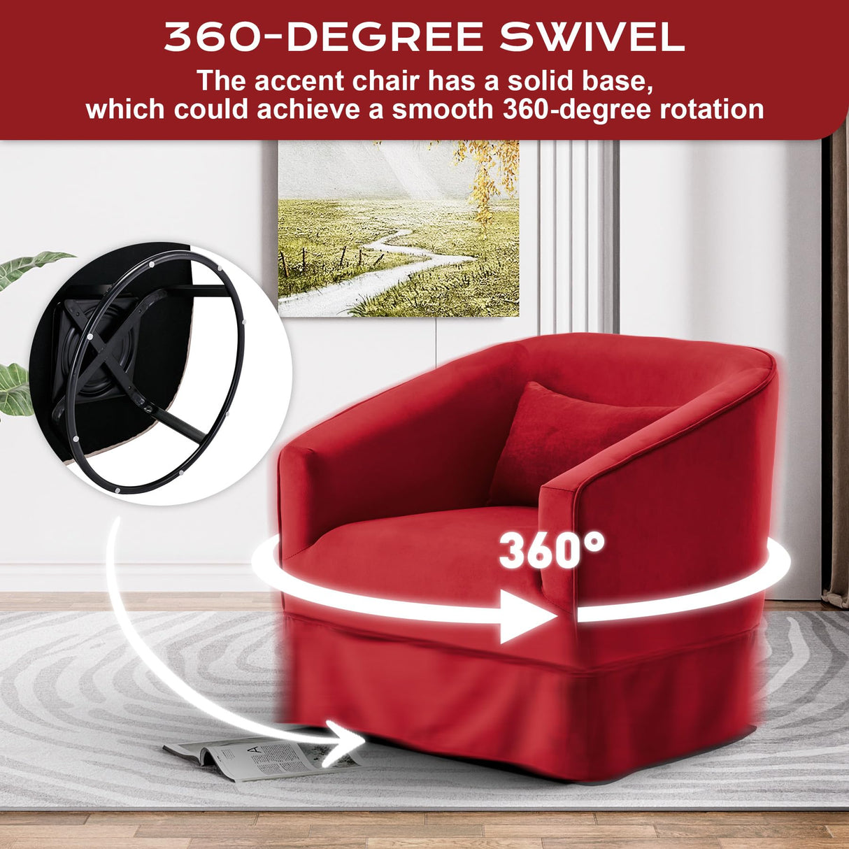 Nolohoo Swivel Accent Chair, Comfy Modern Swivel Barrel Chairs with Skirt, 360°Upholstered Velvet Small Club Armchair Reading Chairs for Living Room Nursery Bedroom Lounge, Red Nolohoo