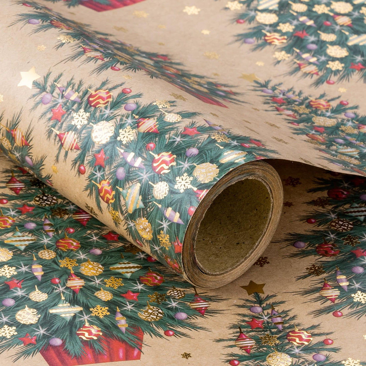 RUSPEPA Christmas Wrapping Paper Roll Gift Wrap - Mini Roll - Gold Foil Christmas Tree Kraft Wrapping Paper Roll, Great for Christmas, Winter and Holidays - 17 Inches X 16.4 Feet RUSPEPA