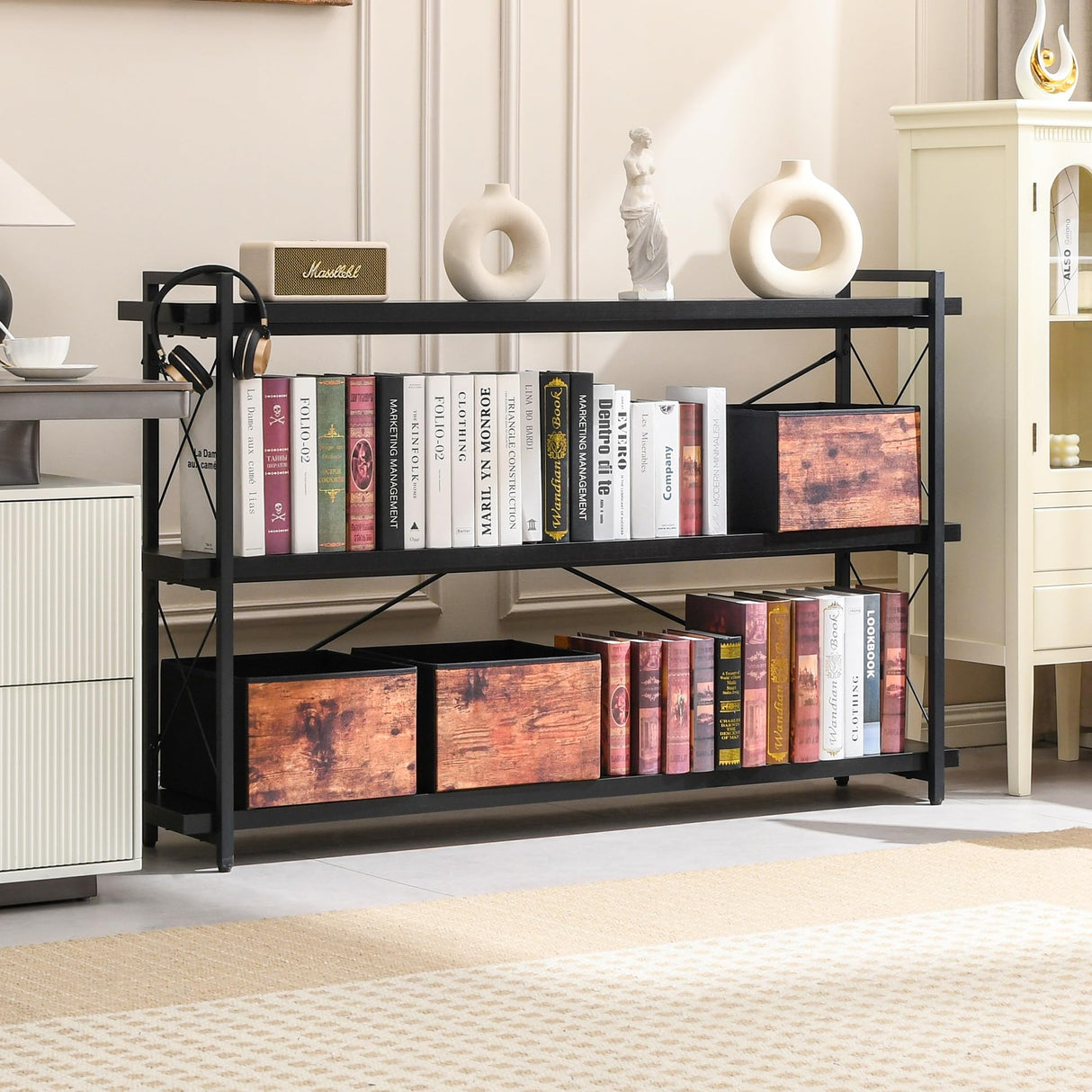 HCHQHS Bookshelf, 3-Tier Long Industrial Bookcase, Black Open Book Shelf, Freestanding Horizontal Bookshelves with Metal Frame HCHQHS