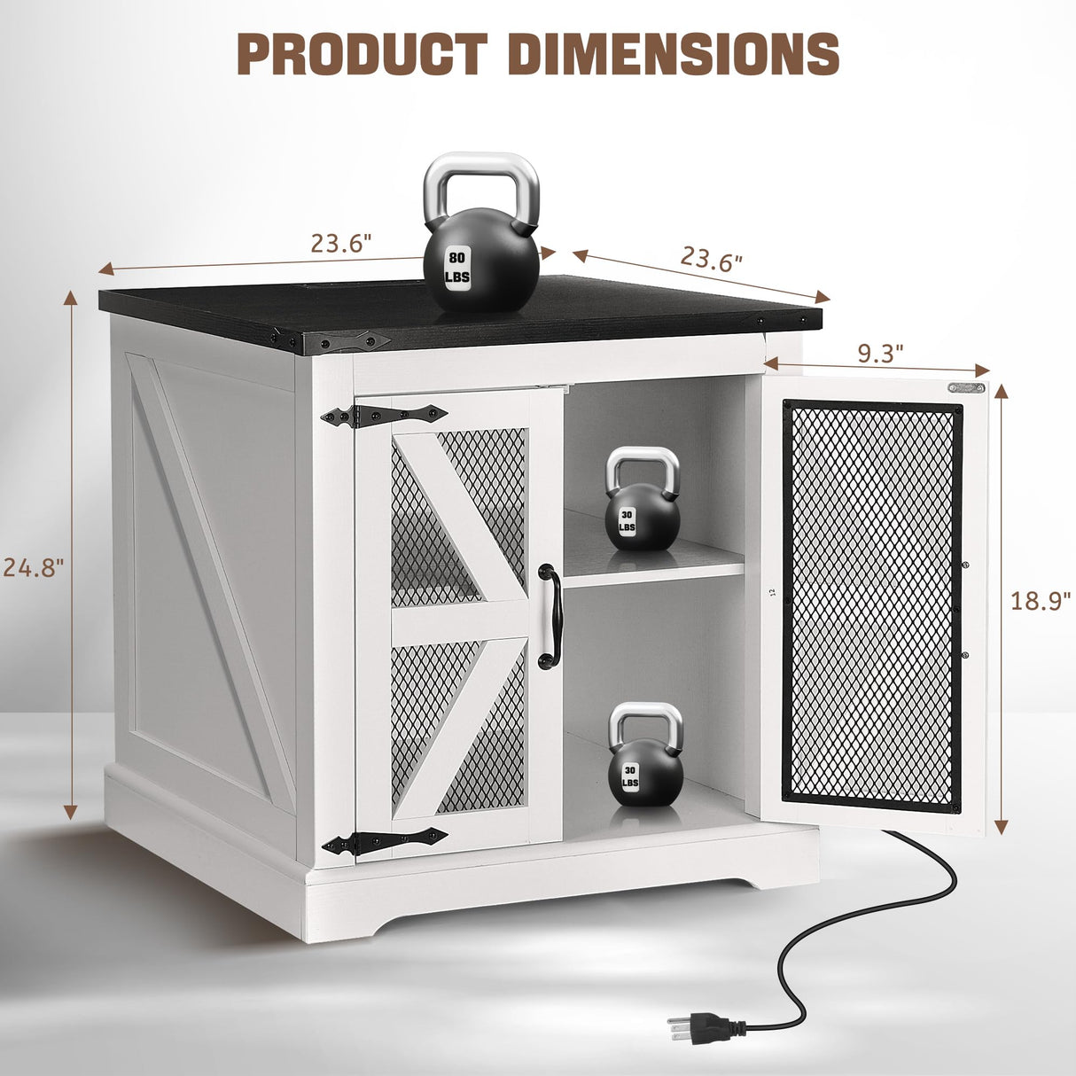 Decofy Farmhouse End Table with Storage Cabinet, 24" Large Sofa Side Table, Industrial Farmhouse Side Table for Living Room, Square Top with Power Outlet, Adjustable Shelves(White) Decofy