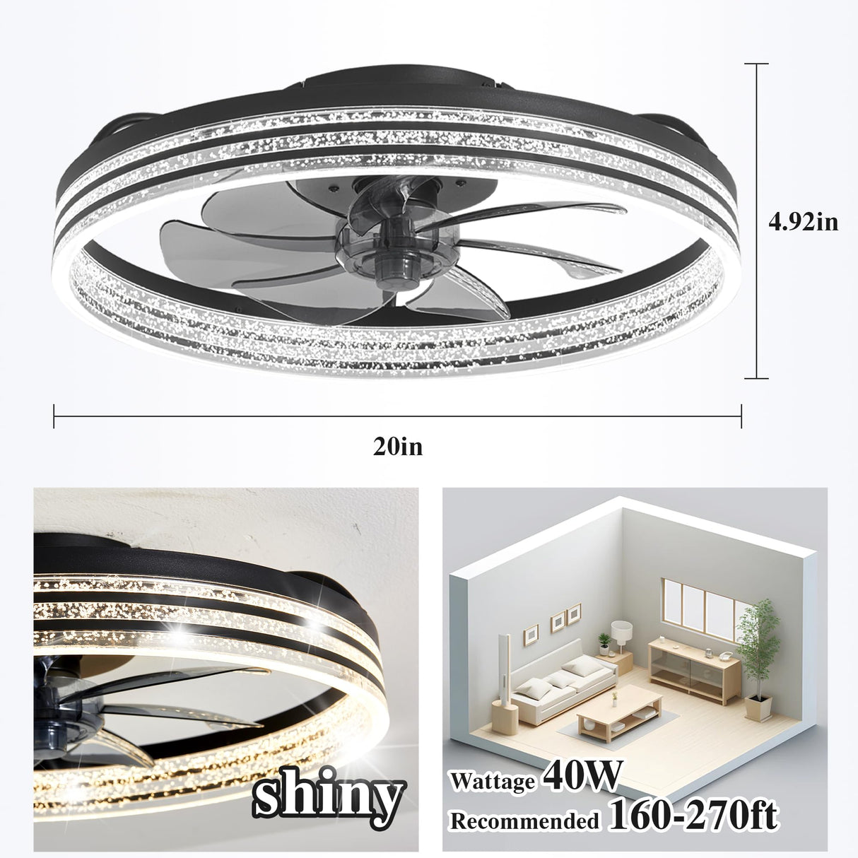 DIAMONDFORGE Smart Ceiling Fans with Lights Remote - WiFi Alexa 20'' Flush Mount Low Profile Modern Ceiling Fans for Bedroom -Stepless Color Temperature and 6 Speeds - Crystal Stripe DIAMONDFORGE