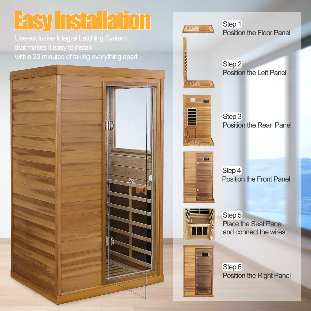 Infrared Home Sauna Room 1 Person Mini Infrared Sauna 1050W Dry Saunas for Home Red Cedar Wooden Indoor Sauna Spa with 6 Low EMF Heaters, Bluetooth Speakers, LED Reading Lamp, Tempered Glass SALUSHEAT