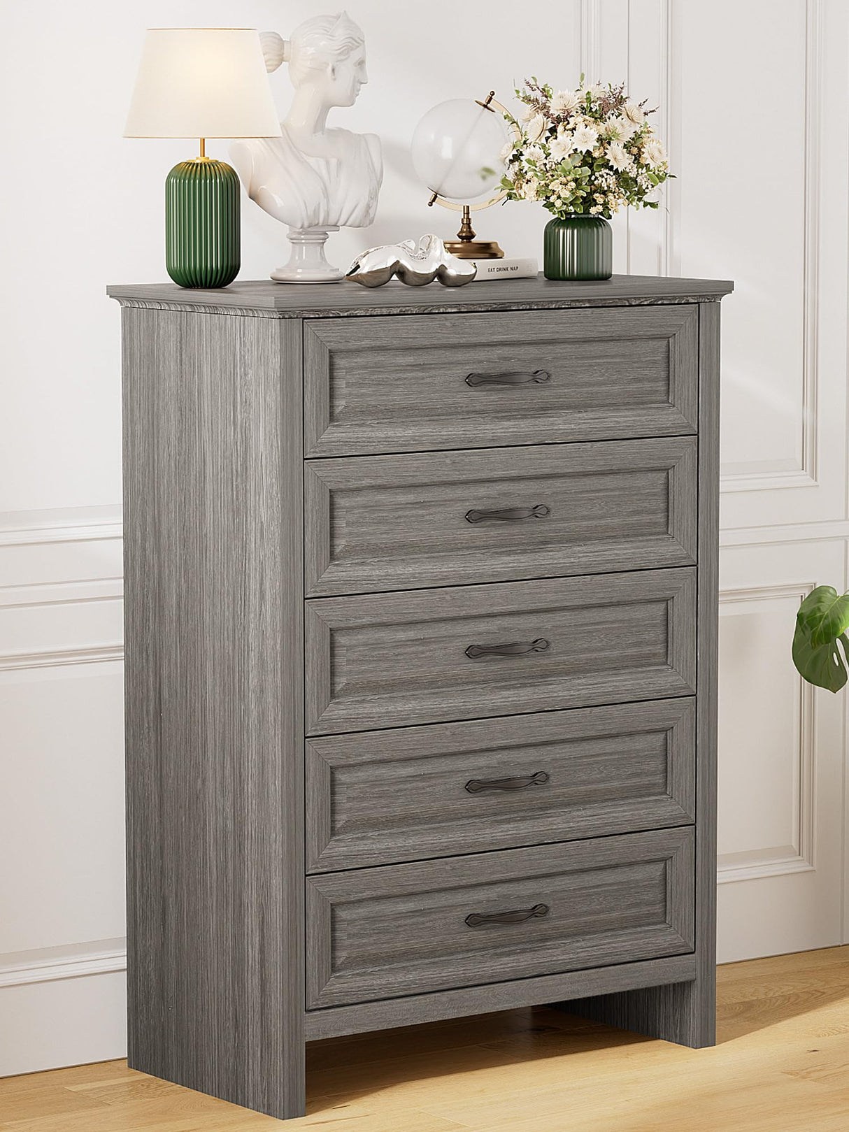 Pipishell Grey 5 Drawers Dresser Chests for Bedroom, 42.7 Inch Tall Wooden Dresser, Farmhouse Storgae Organizer with Large Drawers & Bar Handles for Bedroom, Entryway, Hallway, Grey Pipishell
