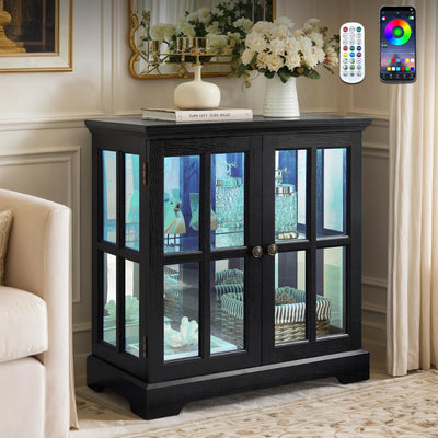 CKEASEAN 32" H LED Accent Curio Cabinet with 7 Color Lights for Collectibles, Modern Storage Cabinet with Tempered Glass Doors, Sideboard Buffet Case with Smartphone-Controlled Lights (Black)
