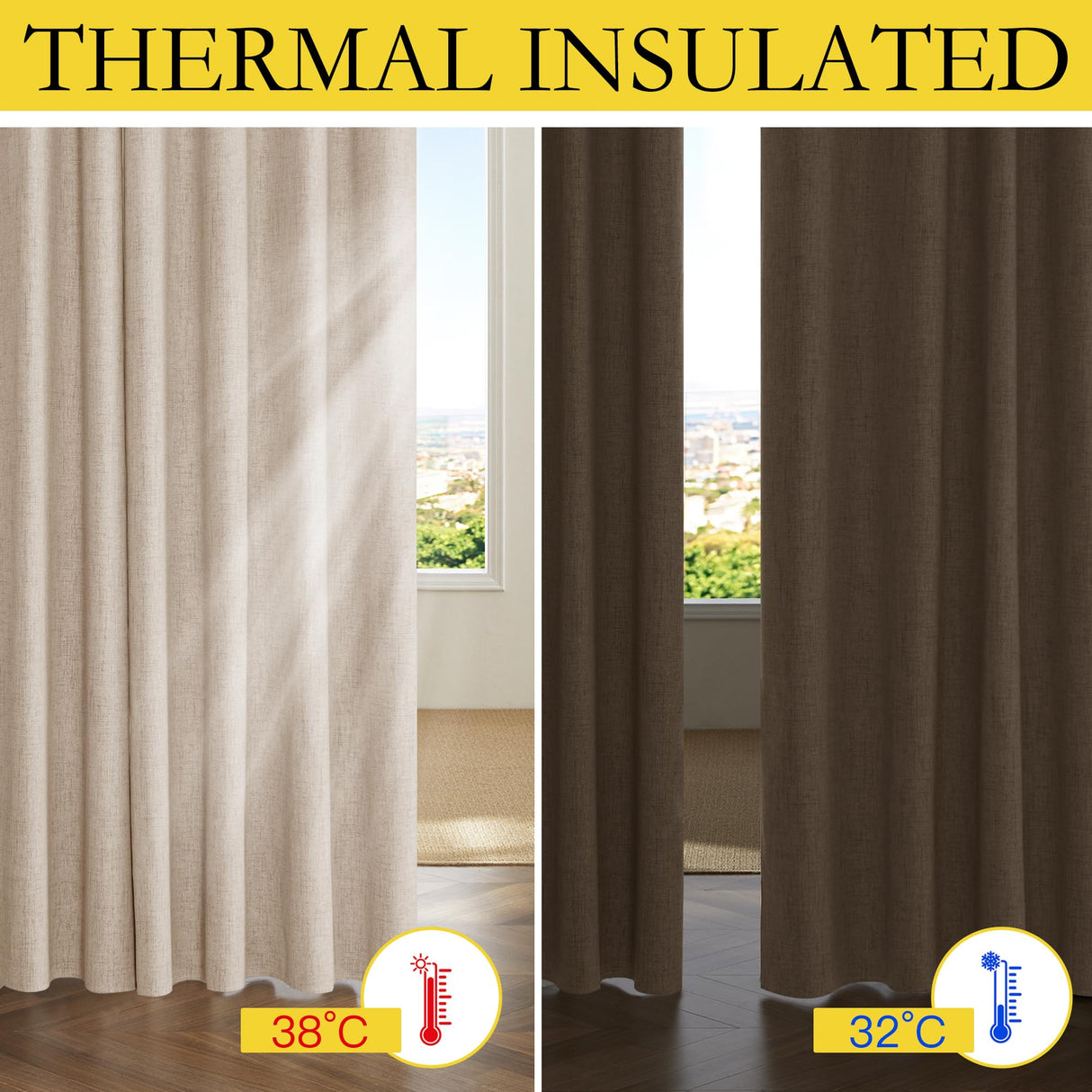 NICETOWN Rod Pocket Full Blackout Cream Linen Curtains 108" Length with Thermal Insulated Liners for Living Room, Farmhouse Style Keep Cool & Warm Large Window Drapes for Hall (2 Panels, 52" Wide) NICETOWN