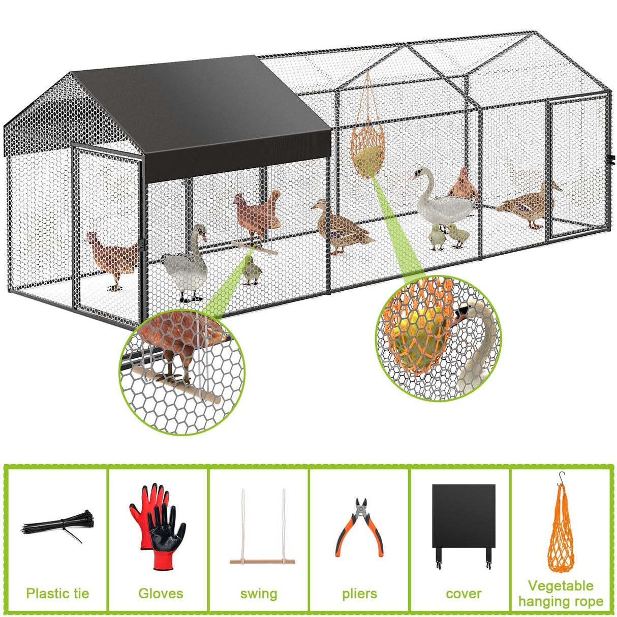 Large Metal Chicken Coop Chicken Run with Cover for 10-12 Chickens 120"×40"×40" Portable Poultry Cage Hen House Outdoor Backyard Farm Animal Enclosure Crate Pet Playpen Exercise Pen for Rabbit Duck AIMUCT