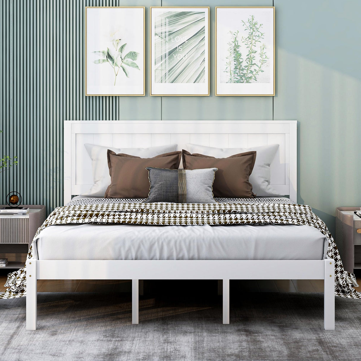 Merax Queen Size Wood Platform Bed with Headboard – White Finish, No Box Spring Needed Merax