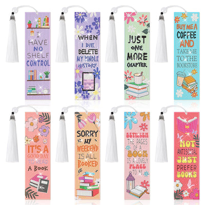 8 Pieces Book Lovers Diamond Art Bookmarks 5d Beaded Bookmark Acrylic Tassel Bookmark for DIY Making Beginners Kids Adults Arts Craft Supplies
