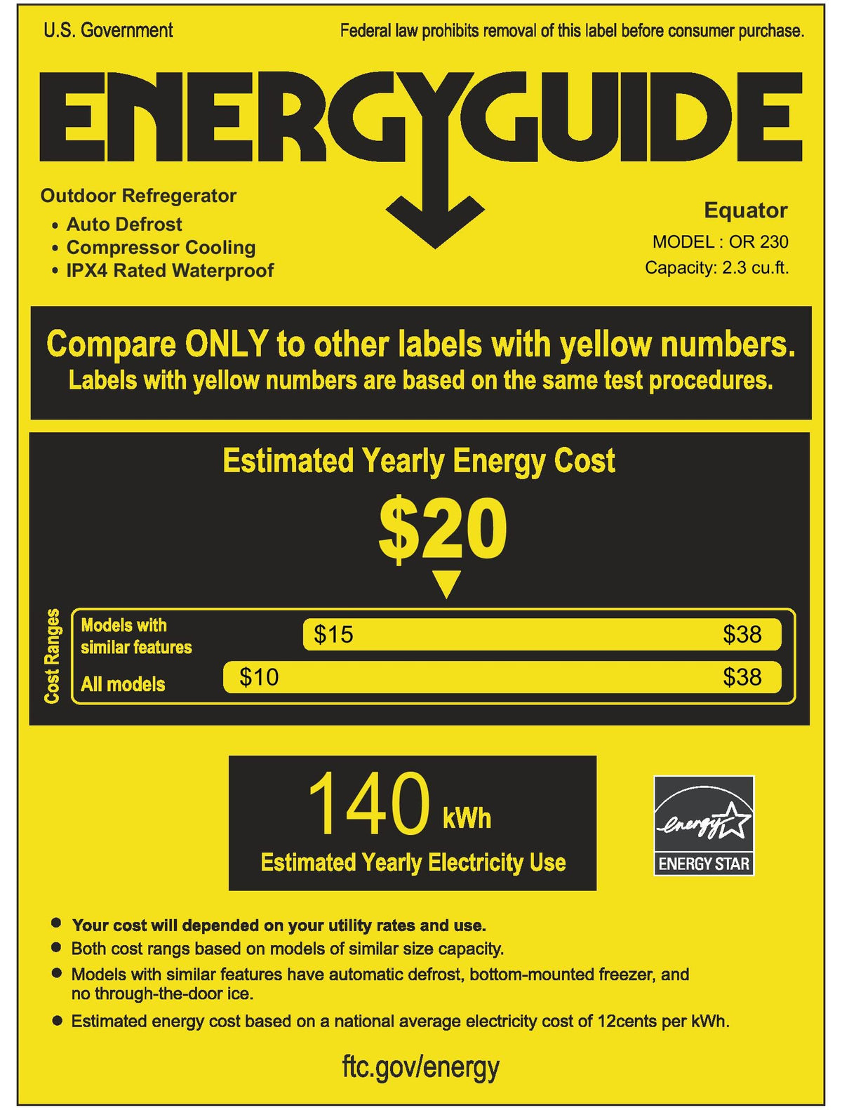 Equator 2.3cf Outdoor/Indoor Refrigerator IPX4 SS Builtin/FS 85 Cans Quiet 42dB Equator