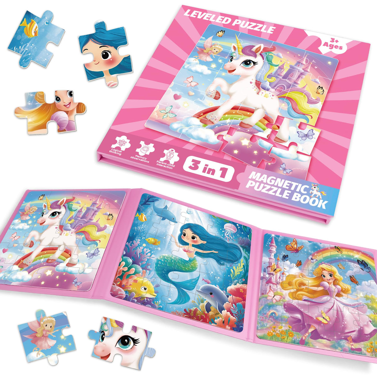 Magnetic Puzzles for Toddlers Ages 3-5, Unicorn Mermaid Princess Magnetic Puzzles for Kids Ages 4-6, Travel Jigsaw Puzzles Toys for Car Airplane Road Trip Activities Game, Girls Birthday Gifts Sticeard