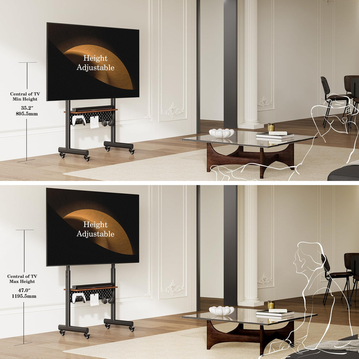 FITUEYES Rolling TV Stand for 40-85inch TV, Portable TV Stand with Wheels Holds up to 132 LBs, Height Adjustable Mobile TV Cart with Multifunctional Storage for Office, Living Room, Bedroom FITUEYES