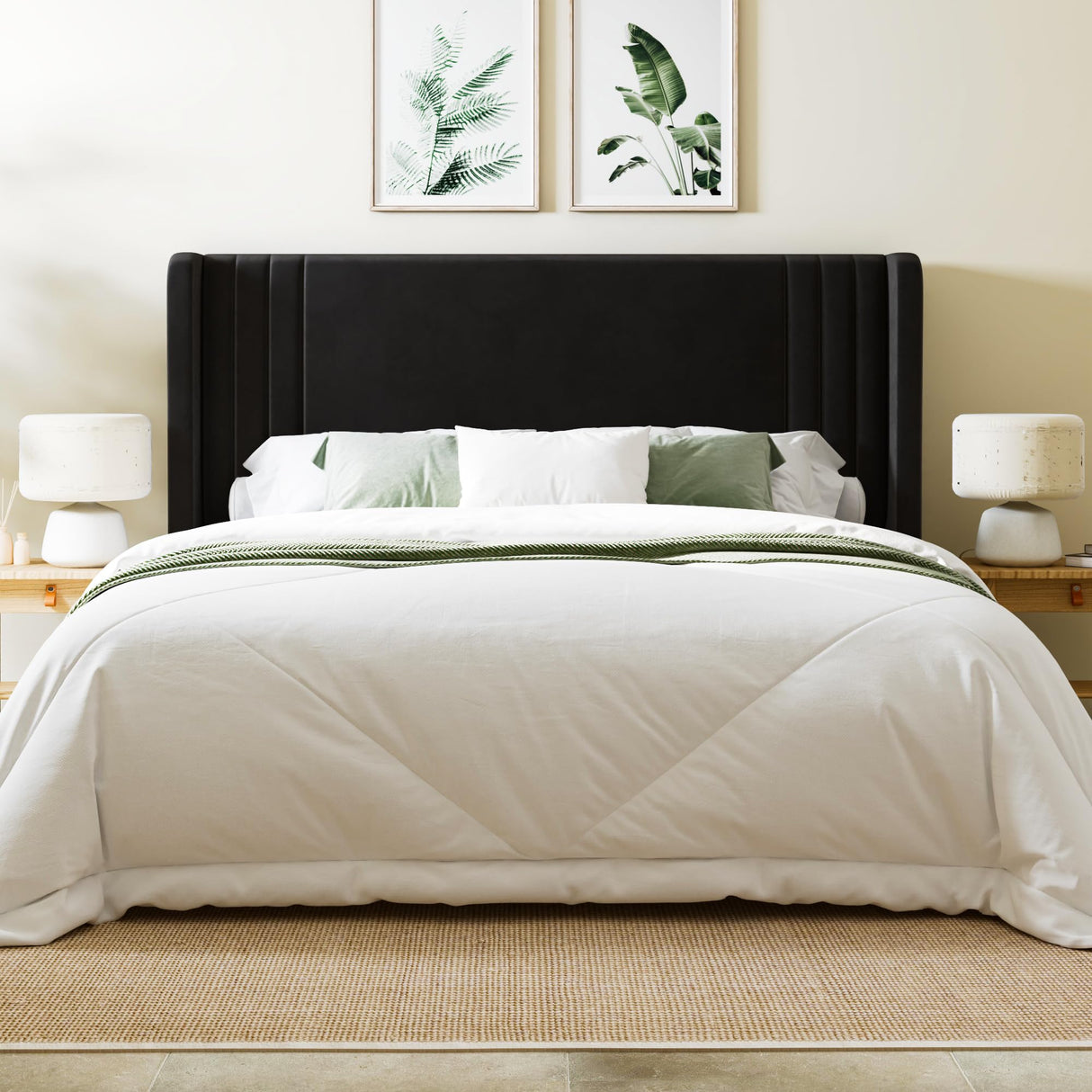 Allewie Queen Size Velvet Platform Bed Frame with Vertical Tufted Wingback Headboard, Easy Assembly, Under Bed Storage, No Box Spring Required, Modern Style, Black Allewie