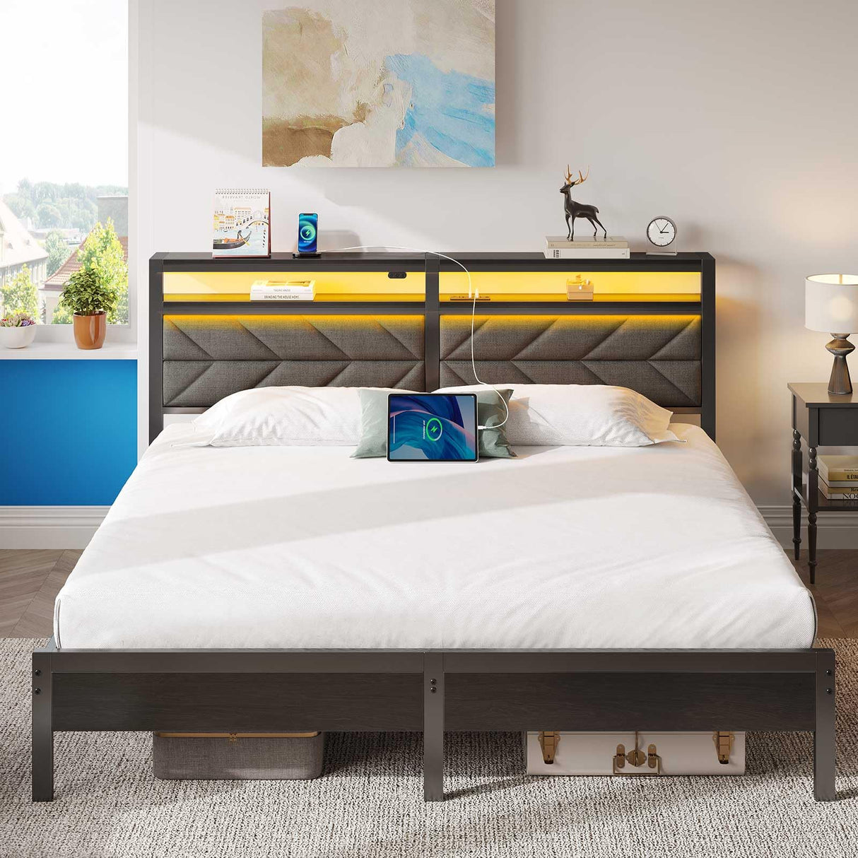 Seventable Bed Frame King Size with Charging Station, LED Bed with Upholstered Storage Headboard, Metal Platform Bed with Under Bed Storage, No Box Spring Needed, Noise Free, Easy Assembly, Grey Seventable