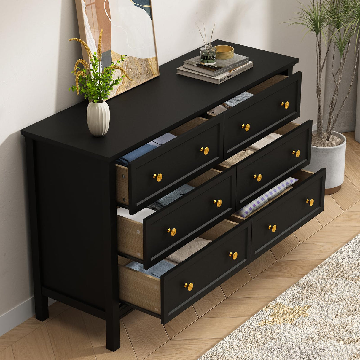 CARPETNAL Black Dresser for Bedroom, 6 Drawer Dresser with Wide Drawer and Metal Handles, Wood Dressers & Chests of Drawers for Hallway, Entryway. CARPETNAL