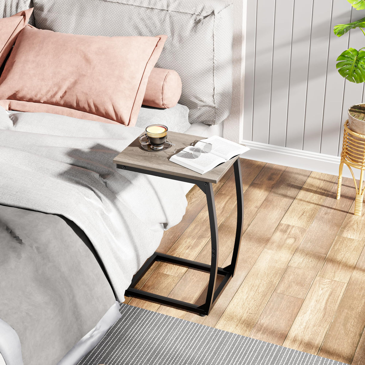 LAKEMID C Shaped End Table Set of 2, Side Table for Couch, Small Sofa Table with Metal Frame, Couch Table for Small Spaces, TV Tray Table for Living Room Bedroom (Grey) LAKEMID