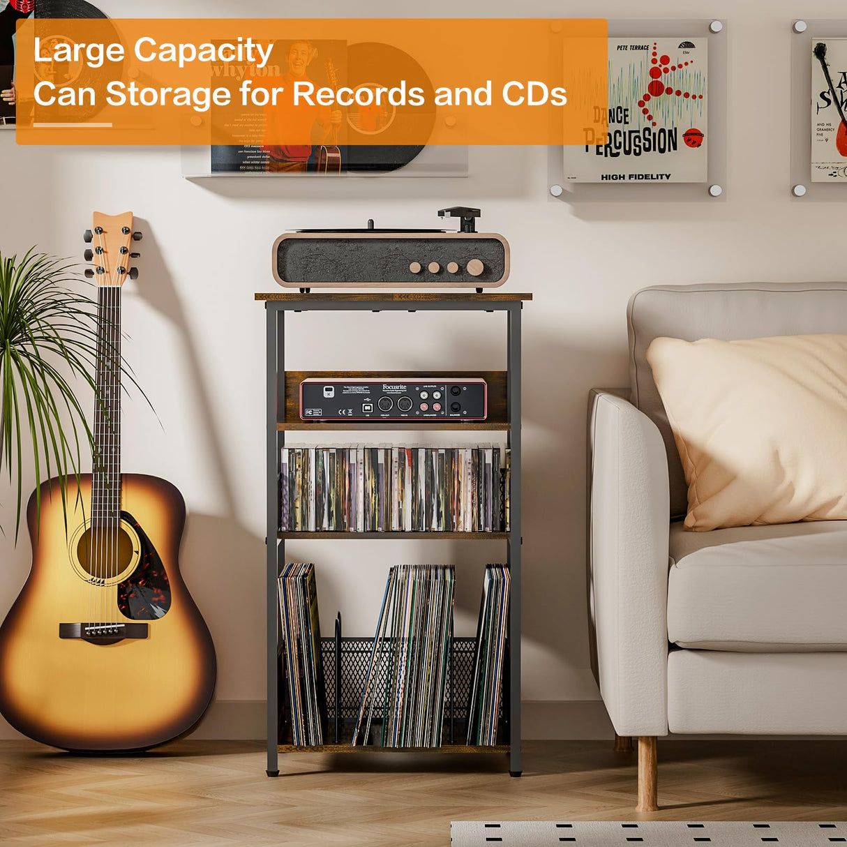 Huxitocan 4-Tier Record Player Stand with Storage for 100 Vinyl Records and 40 CDs, Turntables Holder for Living Room, Bedroom, Office Huxitocan