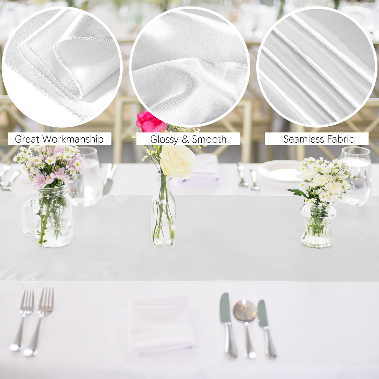 Aneco 4 Pack Satin Table Runner 12 x 108 Inch White Long Bright Silk and Smooth Fabric Party Table Runner for Wedding Banquet Party Decoration Aneco