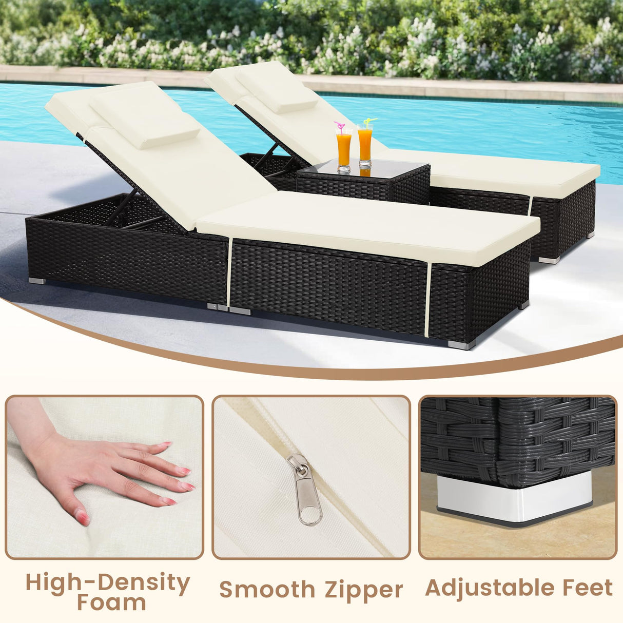 Murago 3 Piece Set, Includes 2 Wicker Chaise Lounge Chairs for Outdoors with Matching Side Table, Idea Oversized Reclining Patio Lounger with Washable Cushions, White Murago