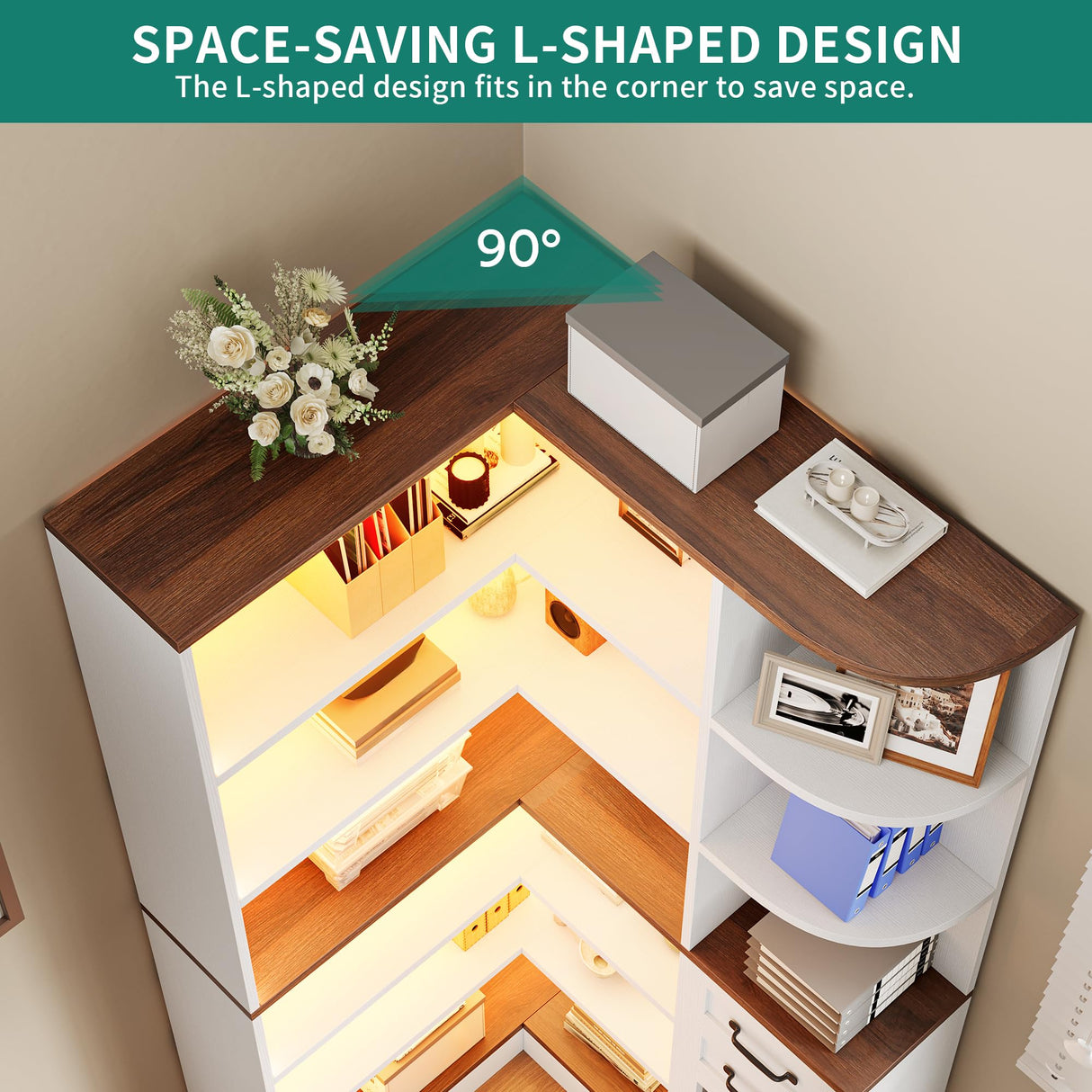 YITAHOME Corner Bookshelf with Storage, Farmhouse 6-Tier Bookshelf with Drawers and Cabinets, L-Shaped Bookcase LED Lights Corner Display Shelf for Home Office, Living Room, Bedroom YITAHOME