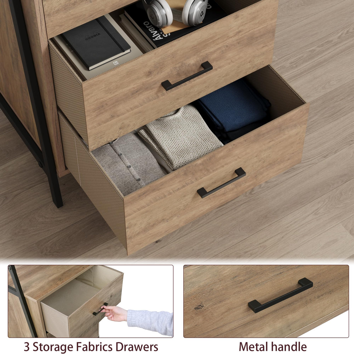 BOTLOG Industrial Ladder Bookshelf with 3 Fabric Storage Drawers, 4-Tier Bookcase, Display Standing Shelf Unit Storage Organizer for Living Room, Entryway, Office, Rustic Brown BOTLOG