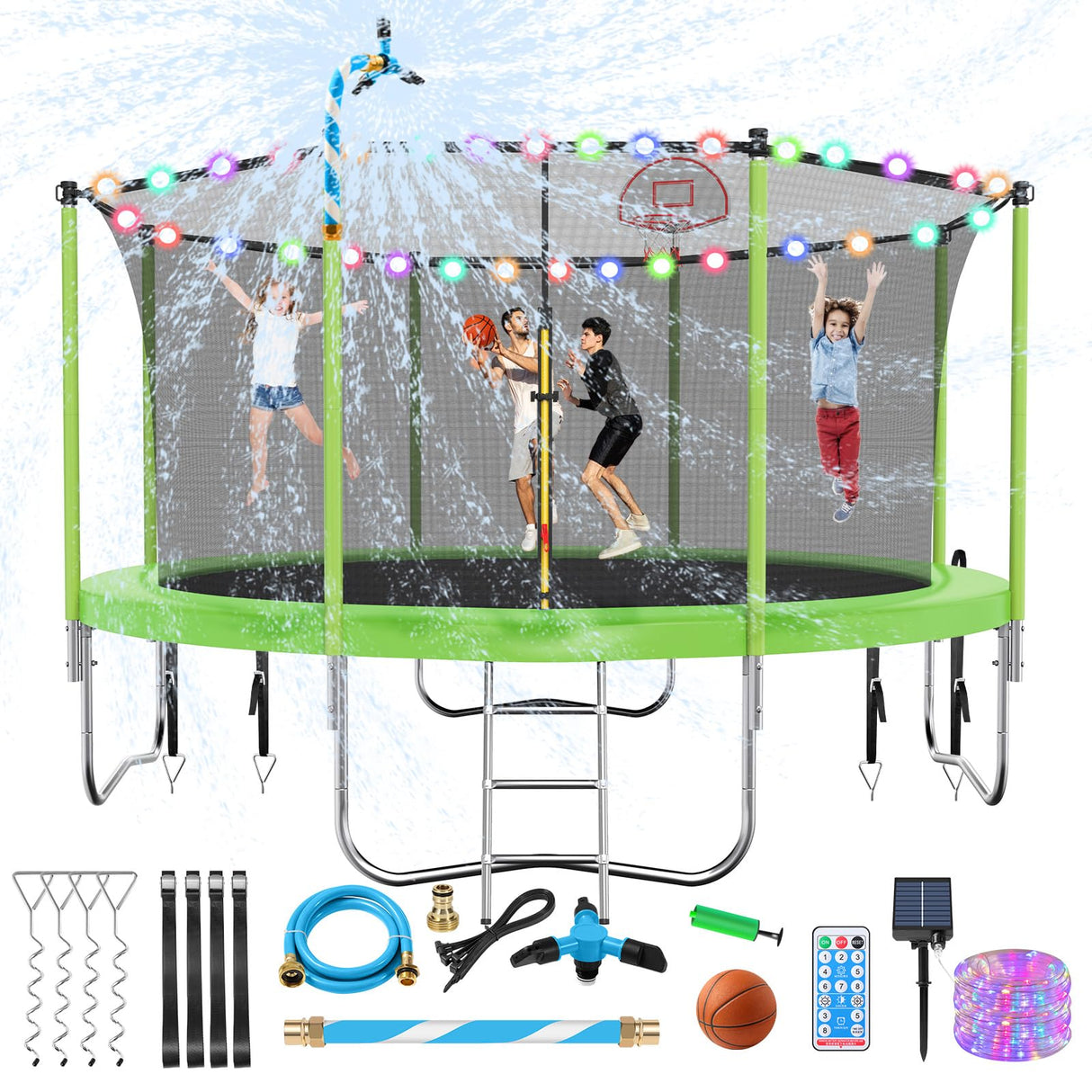 Lyromix Upgraded 12FT Trampoline for Kids and Adults, Large Outdoor Trampoline with Stakes, Light, Sprinkler, Basketball Hoop and Net, Capacity for 5-8 Kids and Adults Lyromix