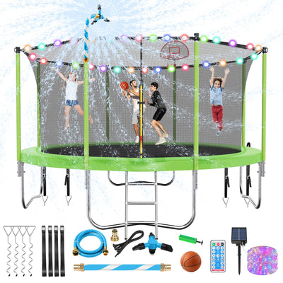 Lyromix Upgraded 12FT Trampoline for Kids and Adults, Large Outdoor Trampoline with Stakes, Light, Sprinkler, Basketball Hoop and Net, Capacity for 5-8 Kids and Adults