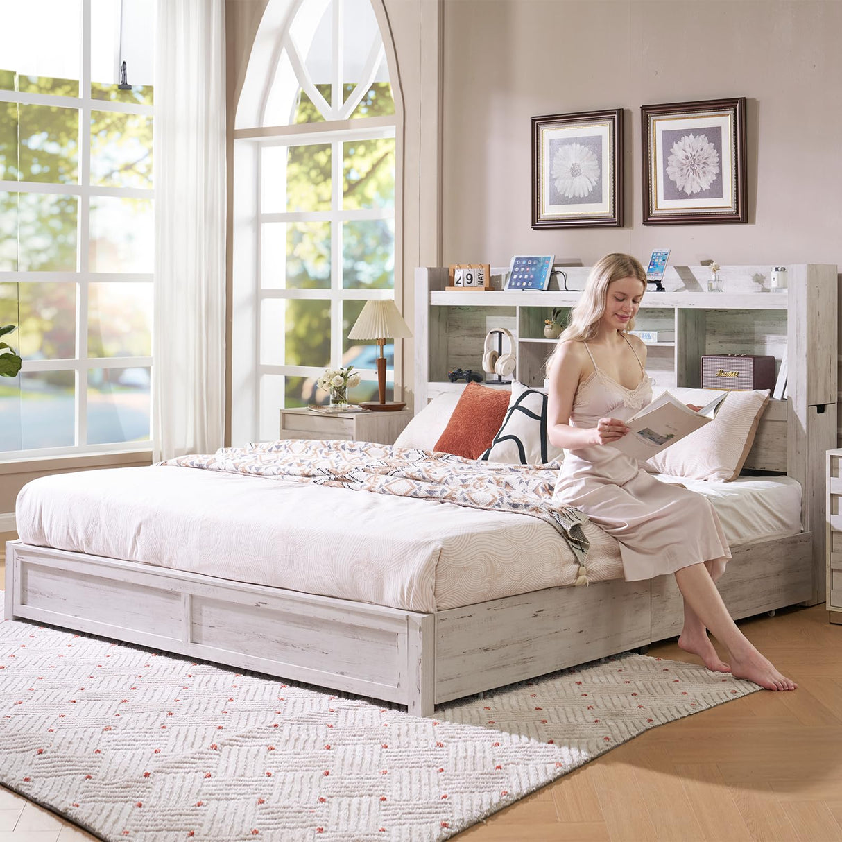 LUXOAK Full Bed Frame with 49.6" Bookcase Headboard & 2 Detachable Bedside Stoage Racks & 4 Drawers, Farmhouse Wood Bed Frame with RGB LED & Charging Station, No Box Spring Needed, Distressed White LUXOAK