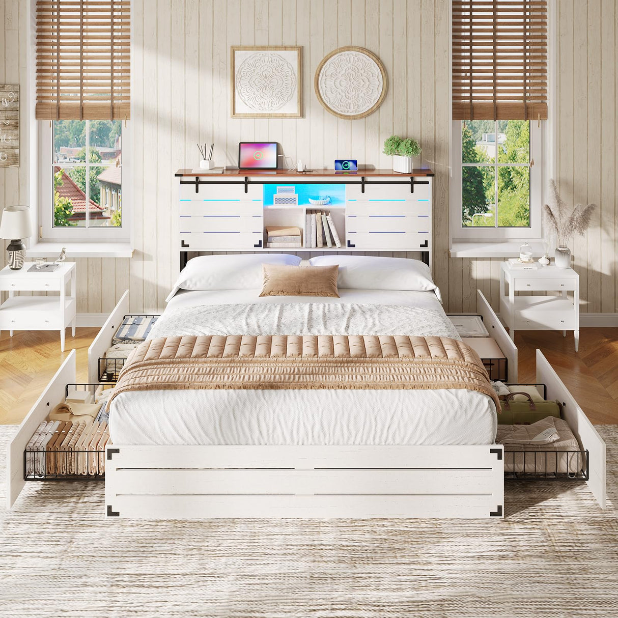 VIAGDO Wooden Bed Frame Queen Size with Bookcase Headboard and Sliding Barn Door, Farmhouse Queen Bed Frame with Charging Station, LED Lights and 4 Storage Drawers, No Box Spring Needed, White VIAGDO