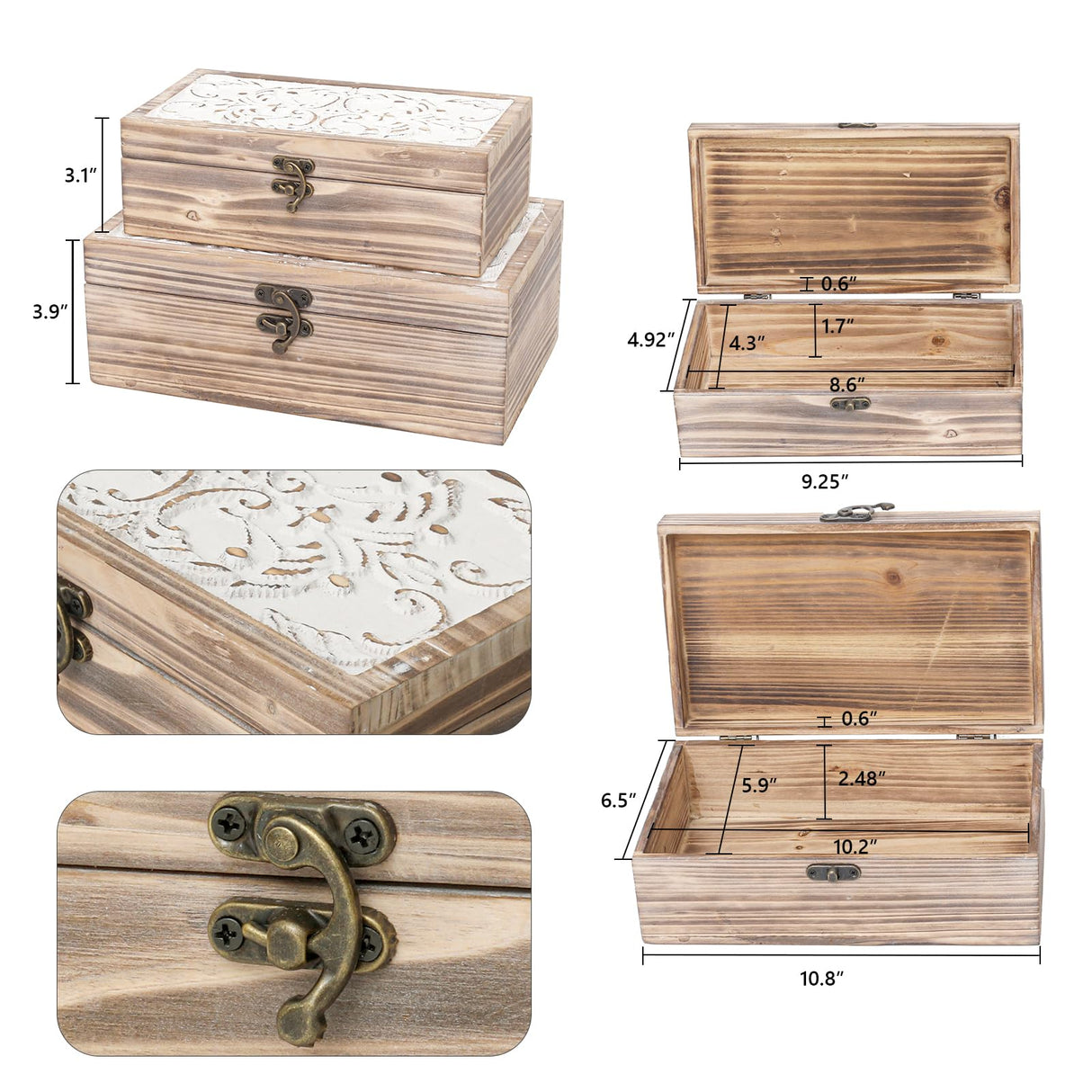 DECOR4SEASON Wooden Box Set of 2 - Rustic Farmhouse Decorative Boxes with Hinged Lid and Carved Design DECOR4SEASON