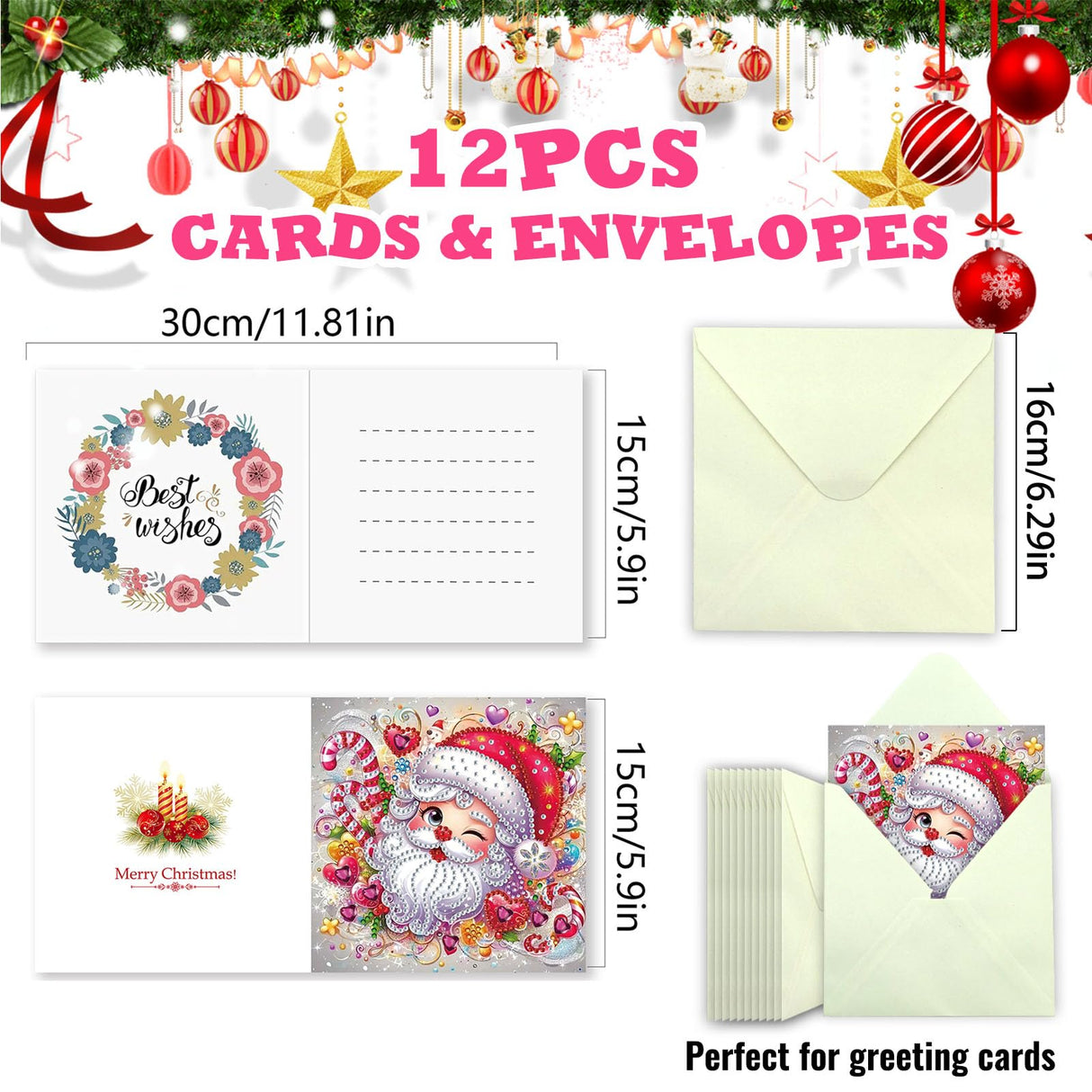 YOKUSHI 12 PCS Diamond Art Painting Christmas Greeting Cards with Envelopes, Snowman Craft DIY Card Making Kits for Adults Kids Gifts (White) YOKUSHI