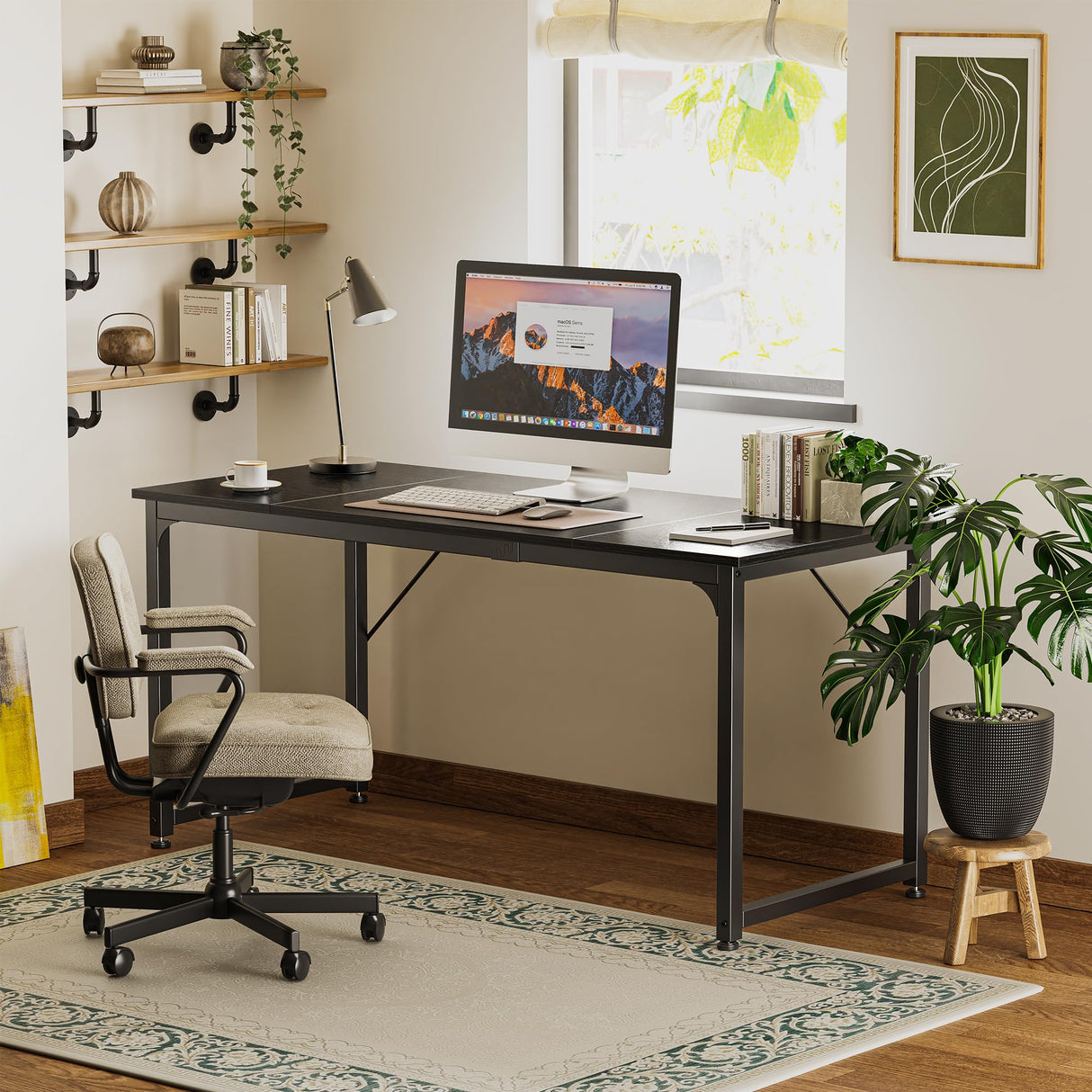 Huuger Modern Simple Office Desk, 63 Inch, Gaming & Writing Desk with Storage, Large Legroom, Metal Frame, Black Huuger