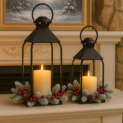 Decorative Metal Lanterns Indoor Outdoor, Candle Holder for Porch, Patio, Fireplace, Floor, Wedding, Christmas, Fall, Holiday, Farmhouse Table Centerpiece (Black, Set of 2 15.7" 12")