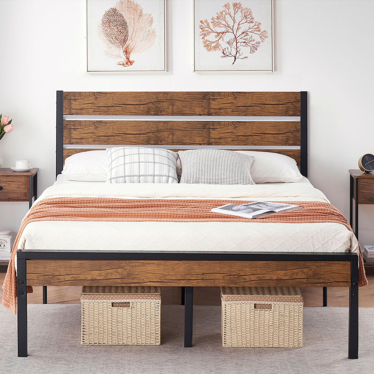SunnyFurn Rustic Full Bed Frame with Headboard,Metal Platform Farmhouse Bed Frame Wood Slat,Sturdy Heavy Duty Bed Frame,No Box Spring Needed,Easy Assembly,Under Bed Storage, Rustic Brown, Full Size SunnyFurn