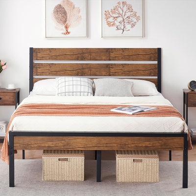 SunnyFurn Rustic Full Bed Frame with Headboard,Metal Platform Farmhouse Bed Frame Wood Slat,Sturdy Heavy Duty Bed Frame,No Box Spring Needed,Easy Assembly,Under Bed Storage, Rustic Brown, Full Size