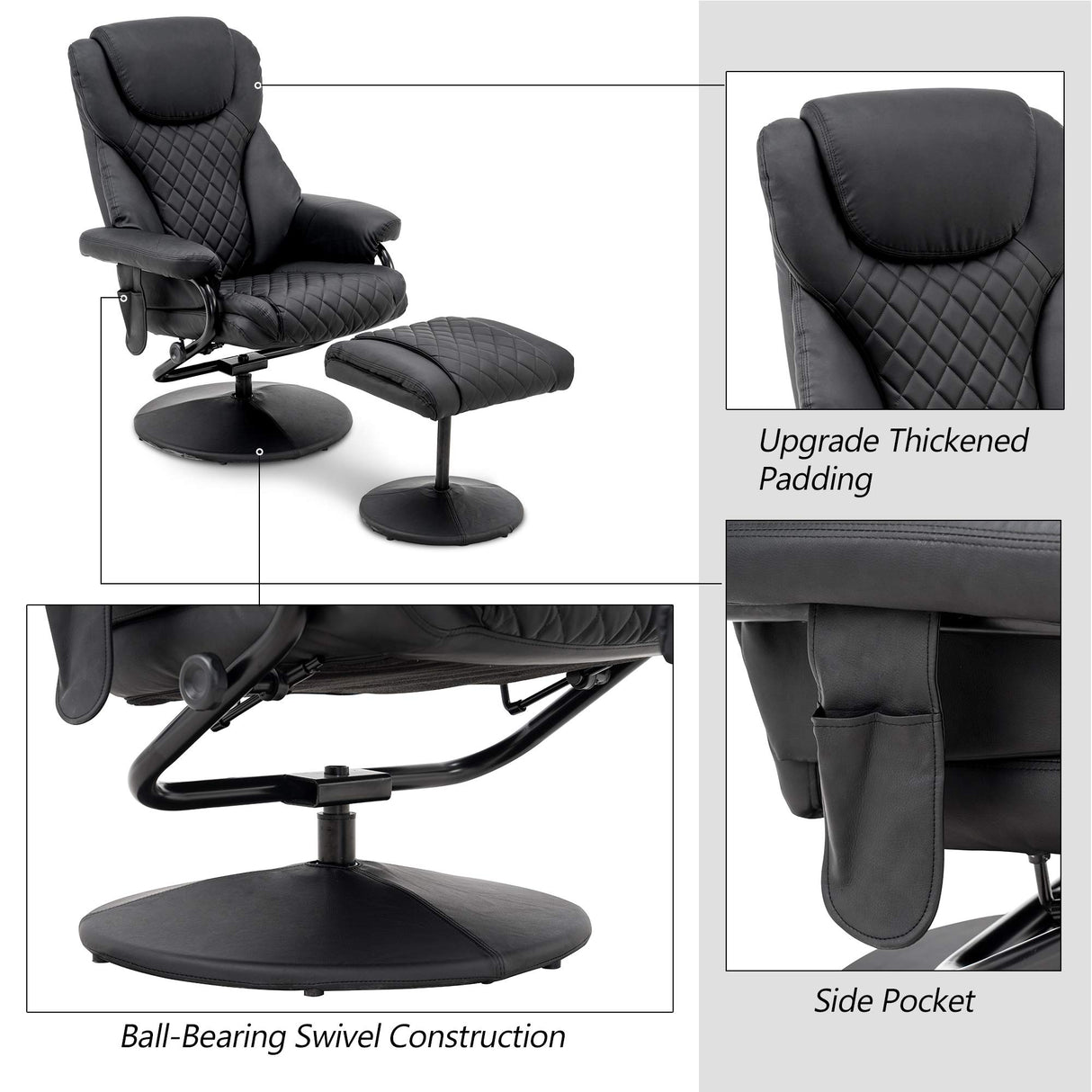 MCombo Recliner with Ottoman, Reclining Chair with Massage, 360 Swivel Living Room Chair Faux Leather, 4901 (Black) MCombo