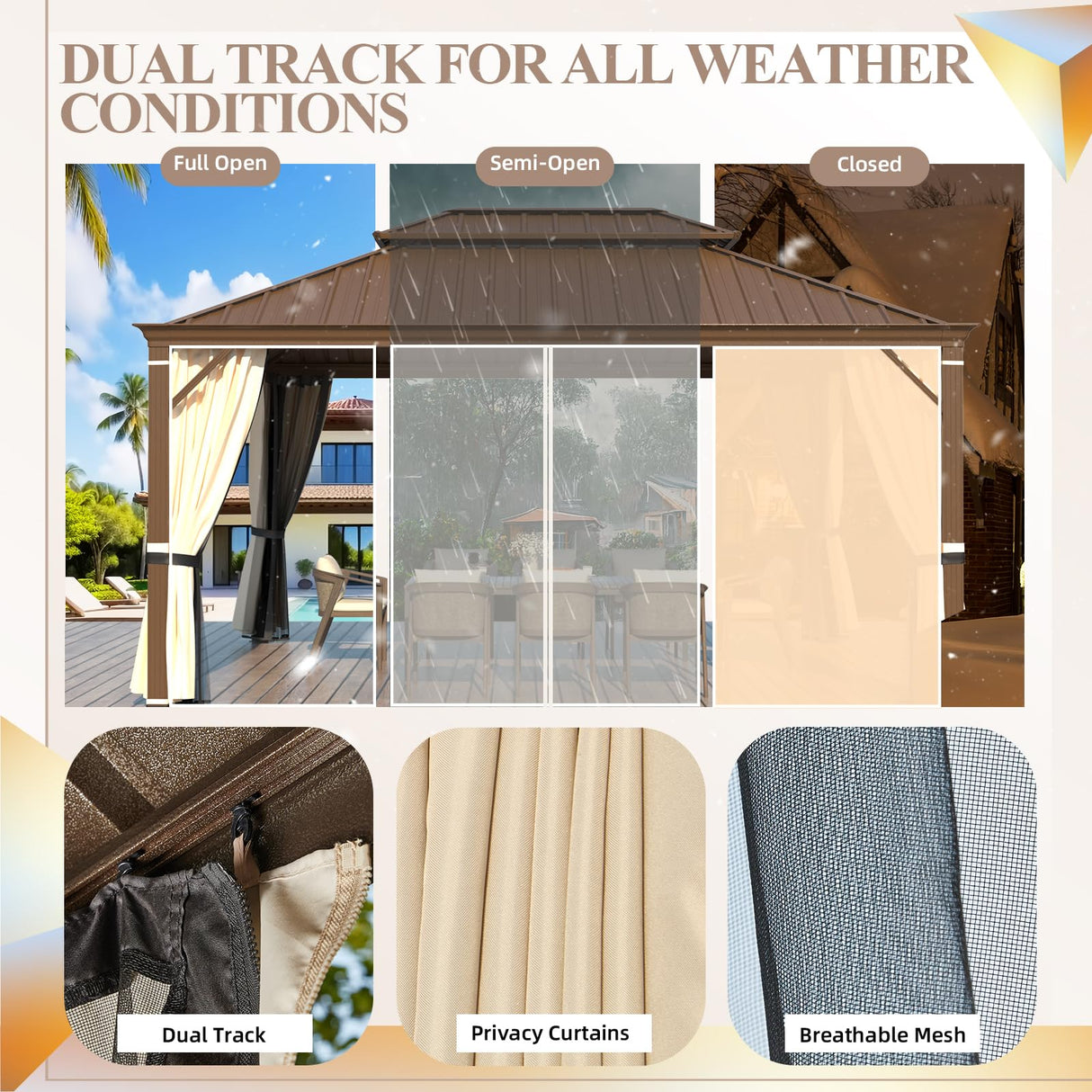 YOLENY 12' x 20' Hardtop Gazebo Faux Wood Grain Metal Gazebo with Aluminum Frame, Galvanized Steel Double Roof, Outdoor Patio Gazebo Pergolas with YOLENY