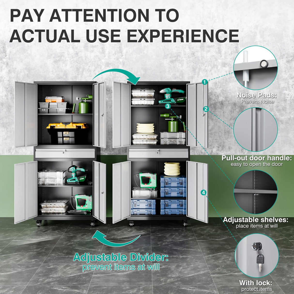 Metal Garage Storage Cabinet with 4 Wheels and 1 Drawer,Gray Rolling Garage Cabinet with Locking Doors and Adjustable Shelves,73" Mobile Tall Large Metal Storage Cabinet for Home,Office,Garage,Shop SISESOL