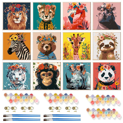 12 Pack Animals Paint by Numbers Kit for Adults, Adult Paint by Number Kits, Small Paint by Numbers for Adults Beginners, DIY Size Acrylic Painting on Canvas for Home Wall Art Decor 8x8 Inch
