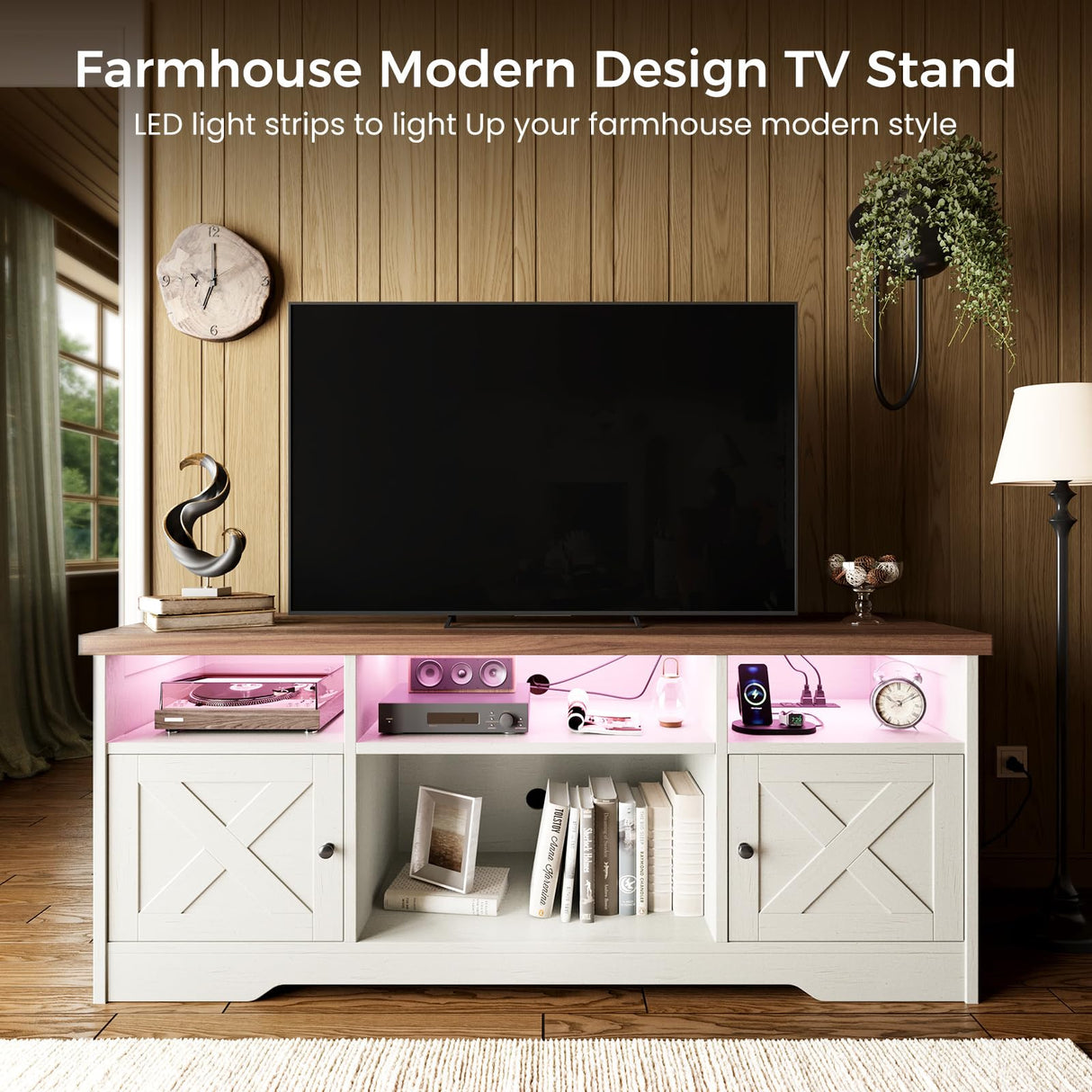 Casaottima TV Stand for 65 Inch TV, Farmhouse Entertainment Center with Power Outlet & LED Light and Storage Cabinets, Console Table and Media Furniture for Living Room Bedroom, White Casaottima