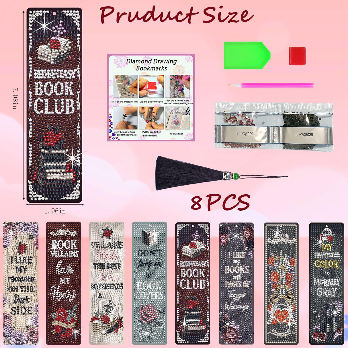 HTTDMY 8PCS Diamond Painting Art Bookmarks,Cute Acrylic Bookmarks Crafts Kits Gifts with Pendants for Adult Women Book Lovers (Dark Romance) HTTDMY