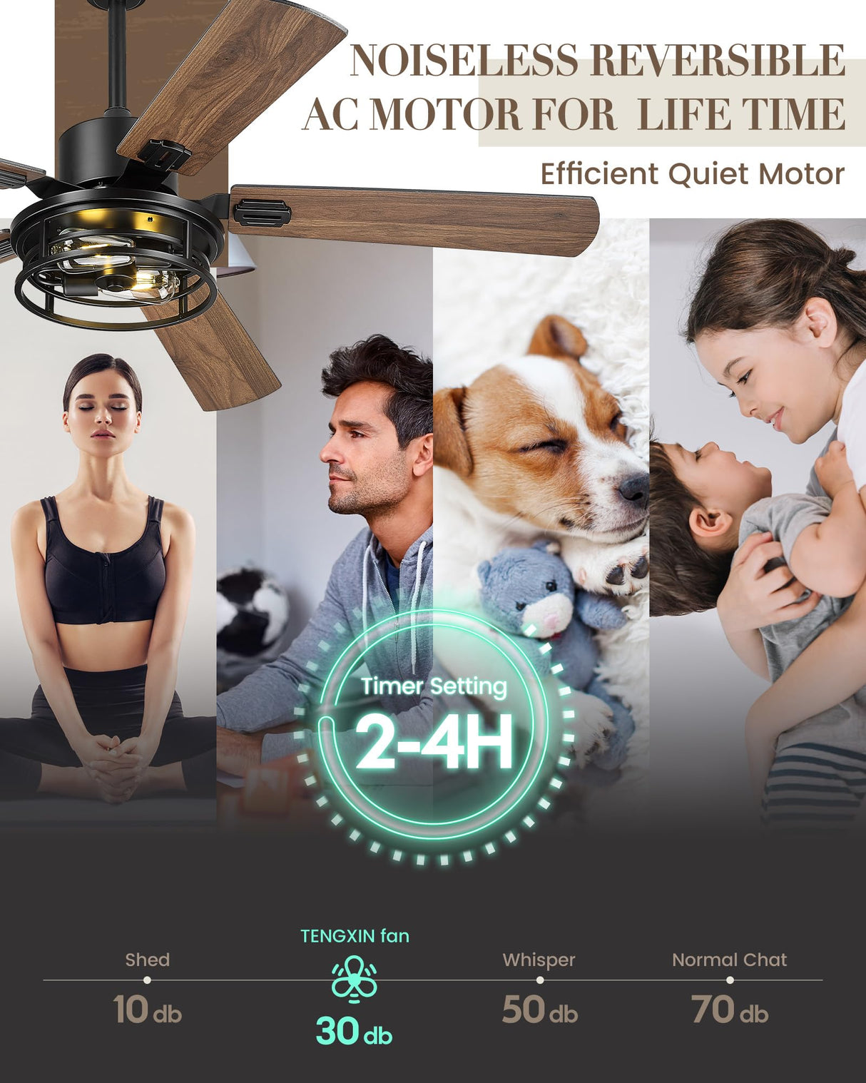 TENGXIN 52 Inch Farmhouse Ceiling Fan - Industrial Ceiling Fans with Light and Remote Control,Matte Black Ceiling Fan with 5 Reversible Blades,TXCF-BK001 TENGXIN