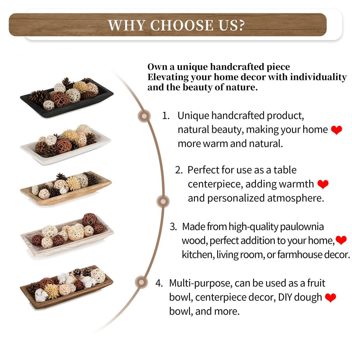 Hanobe Decorative Wood Dough Bowl: Long Wooden Centerpiece Table Decorations Natural Candle Holder Tray Decor Rustic Unfinished Trough Centerpieces for Dining Room Kitchen, White Hanobe