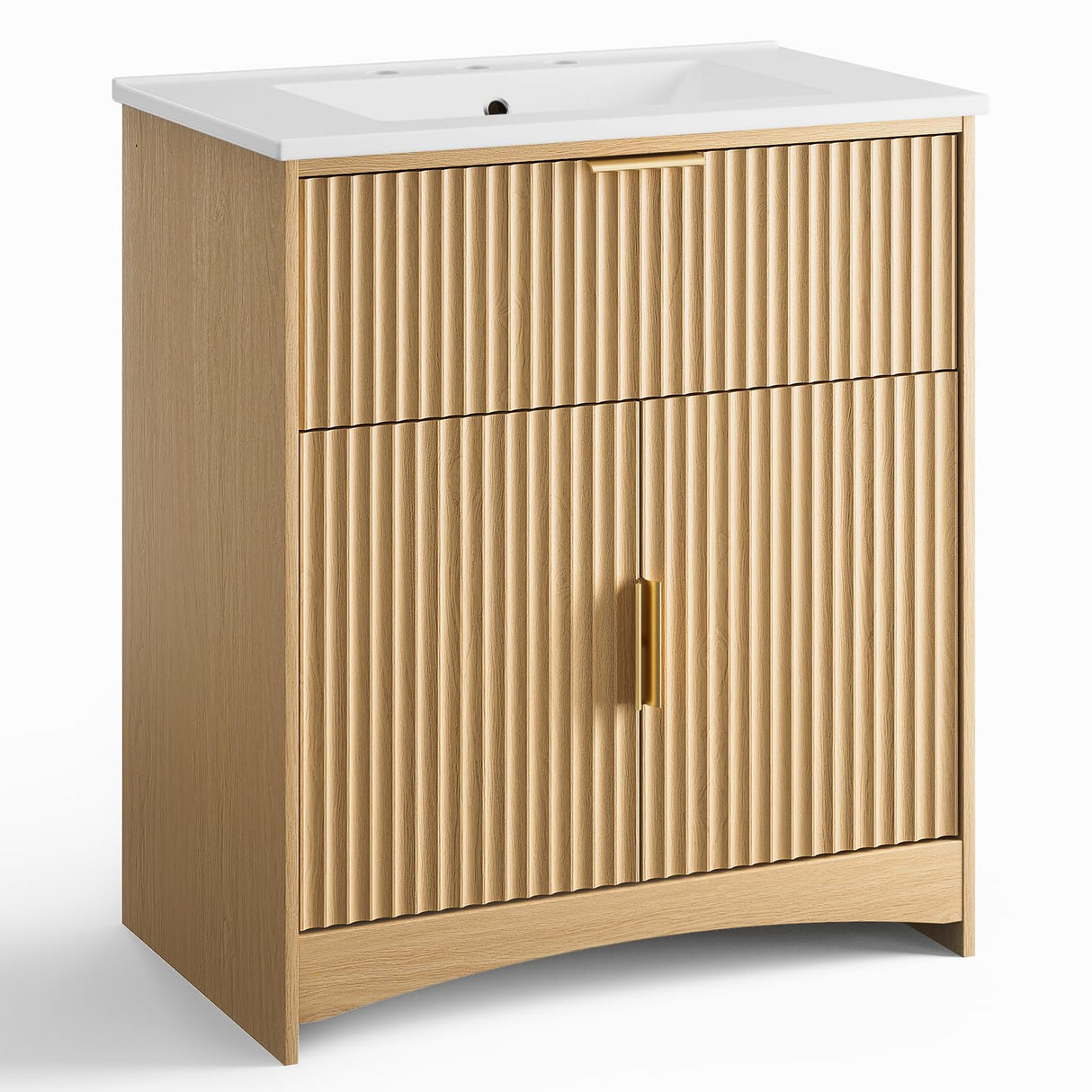 Amada 30″ Bathroom Vanity with Ceramic Sink, Modern Undermount Vanity Sink Cabinet with 2 Doors and 1 Drawer, Fluted Free Standing Bathroom Storage Cabinet with Sink Combo Set, Natural Oak AMADA HOMEFURNISHING