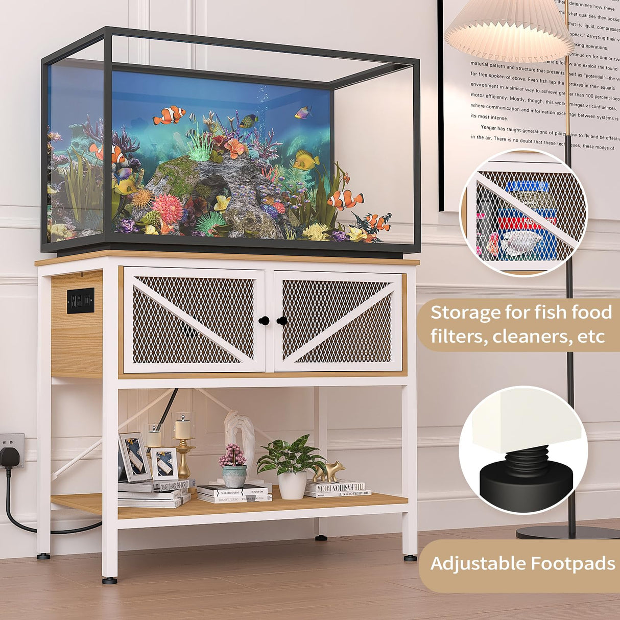 Avolander 40-50 Gallon Fish Tank Stand, Aquarium Stand with Power Outlets & LED Light, Cabinet for Fish Tank Accessories Storage, Heavy Duty Metal Frame, 760LBS Capacity, White Walnut Brown Avolander