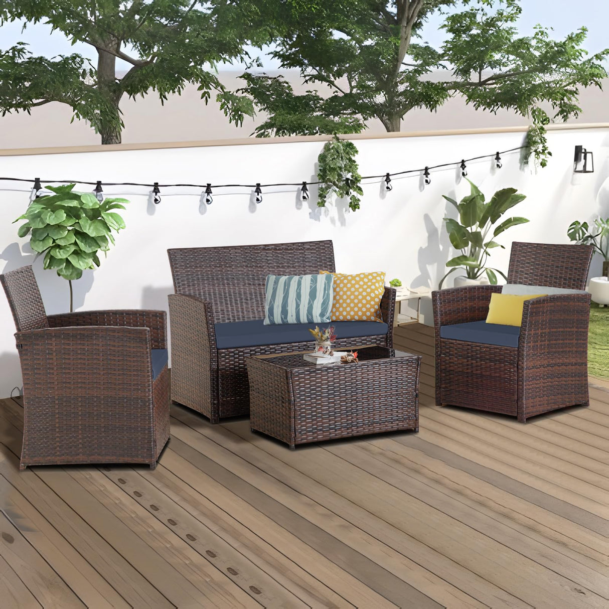 FHFO 4 Piece Outdoor Patio Furniture Sets, Wicker Sectional Conversation Sofa Set, Rattan Table and Chairs and Loveseat with Cushions for Outside Balcony Porch Backyard (Brown-Blue) FHFO