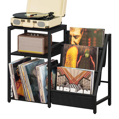 LELELINKY Black End Table,Record Player Stand with Vinyl Storage,3 Tier Side Table with Display Shelf Storage Up to 150 Albums,Industrial Large Record Holder Cabinet for Living Room